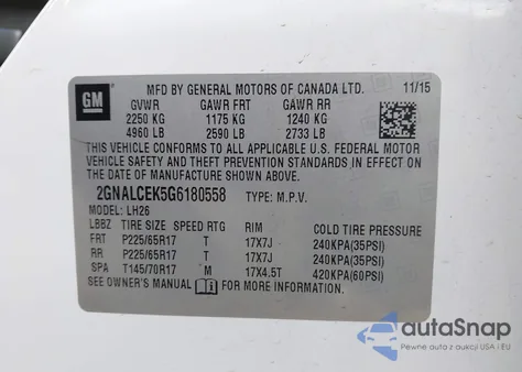 2016 Chevrolet Equinox Lt из США, поврежденный, VIN 2GNALCEK5G6180558